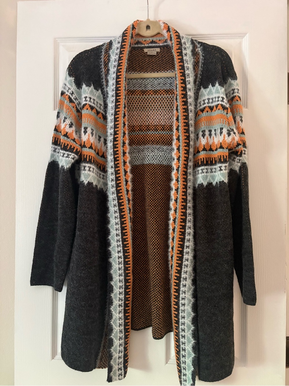 NWOT Anama Charcoal Open-Front Cardigan with Orange & Cream Accents